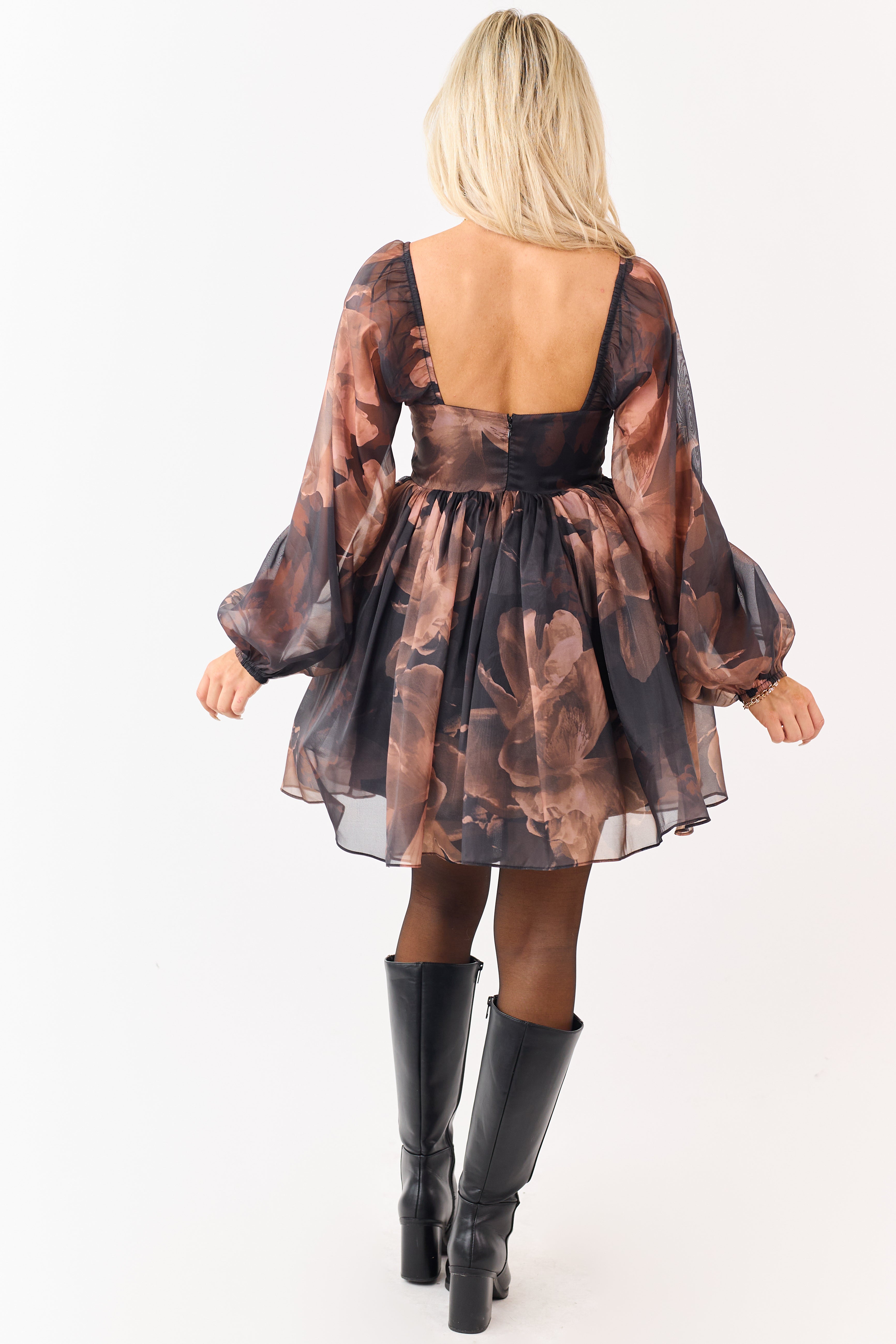 Black Floral Print Organza Babydoll Mini Dress