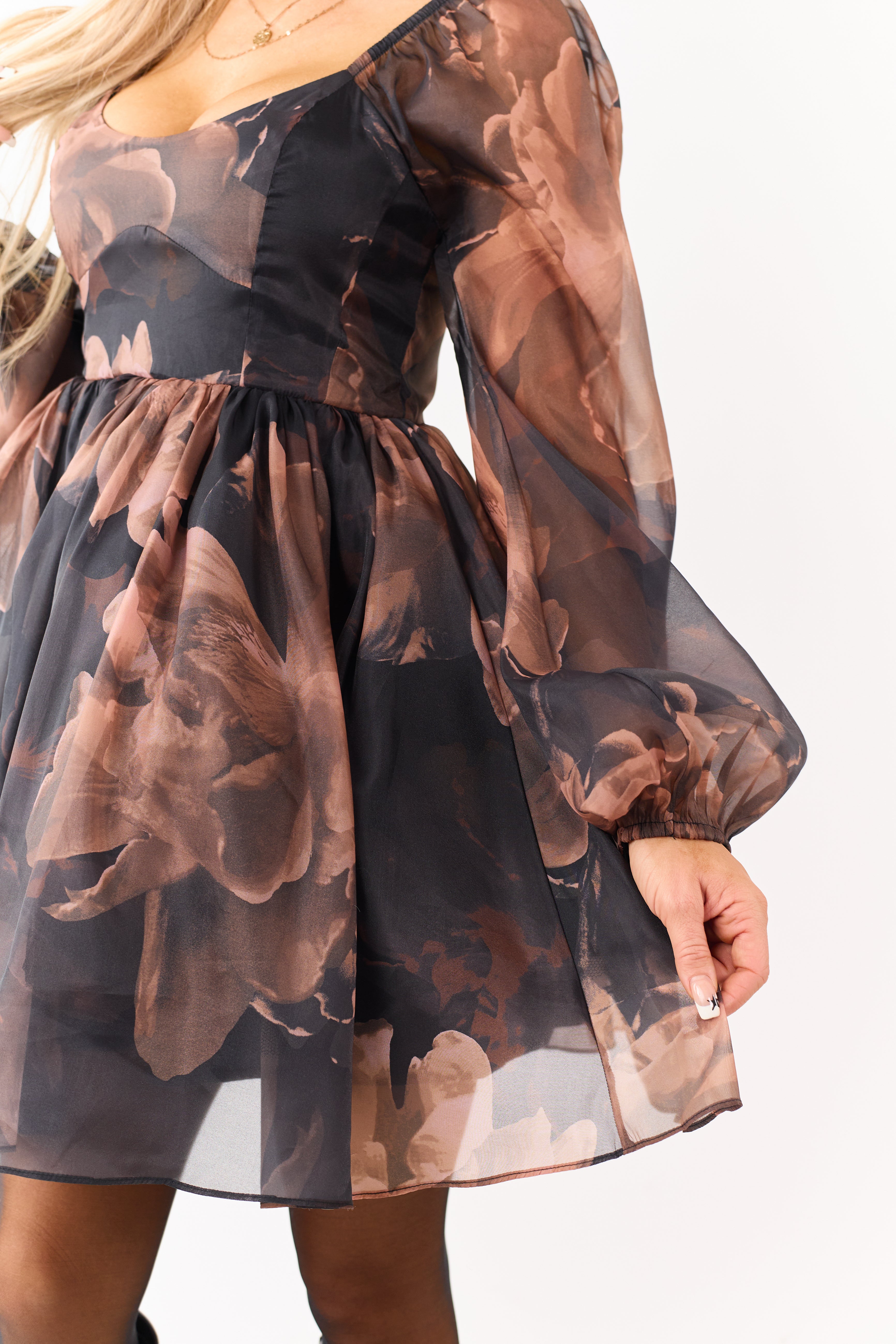 Black Floral Print Organza Babydoll Mini Dress