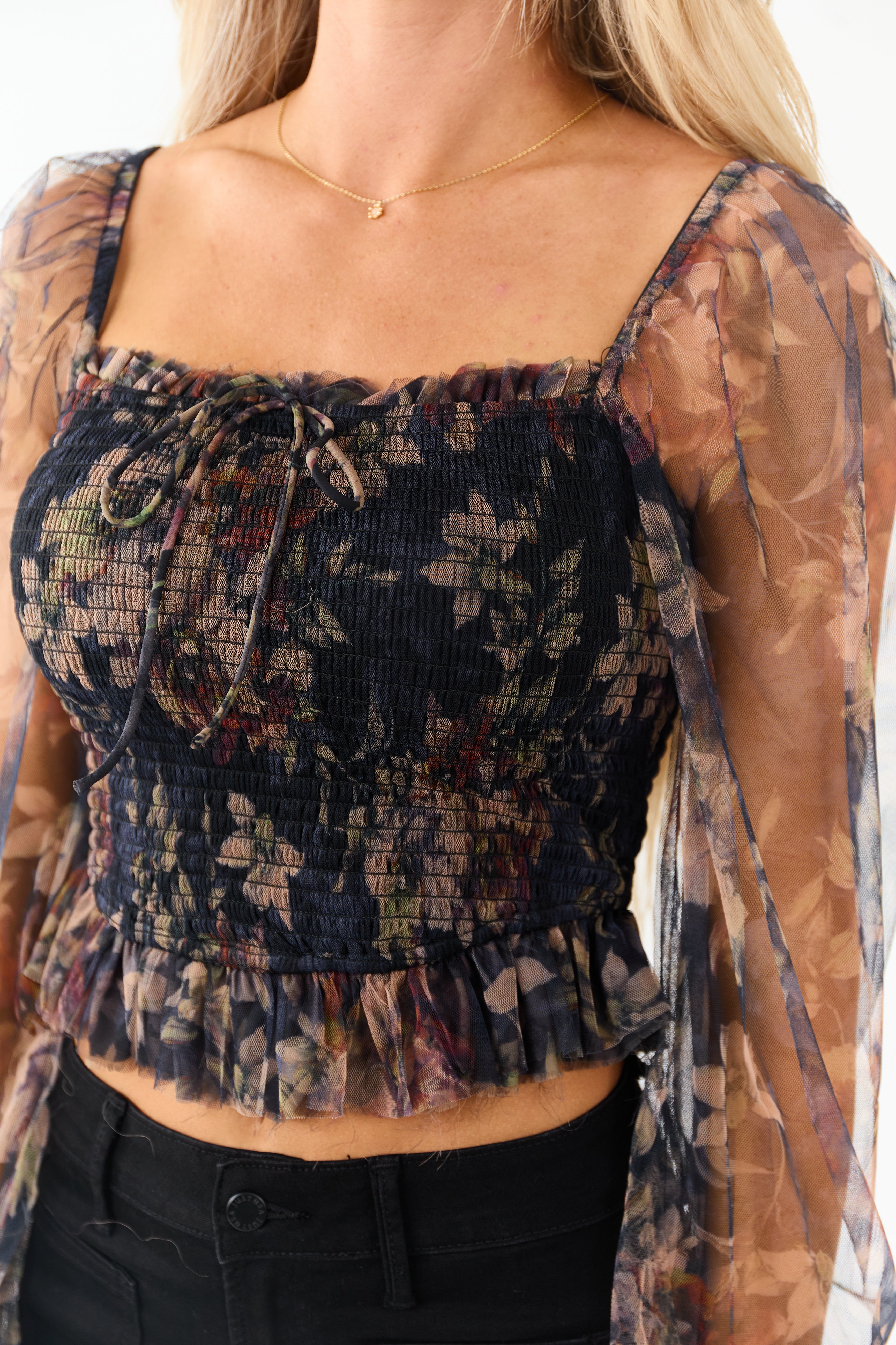 Black Floral Print Ruffle Smocked Tulle Crop Top