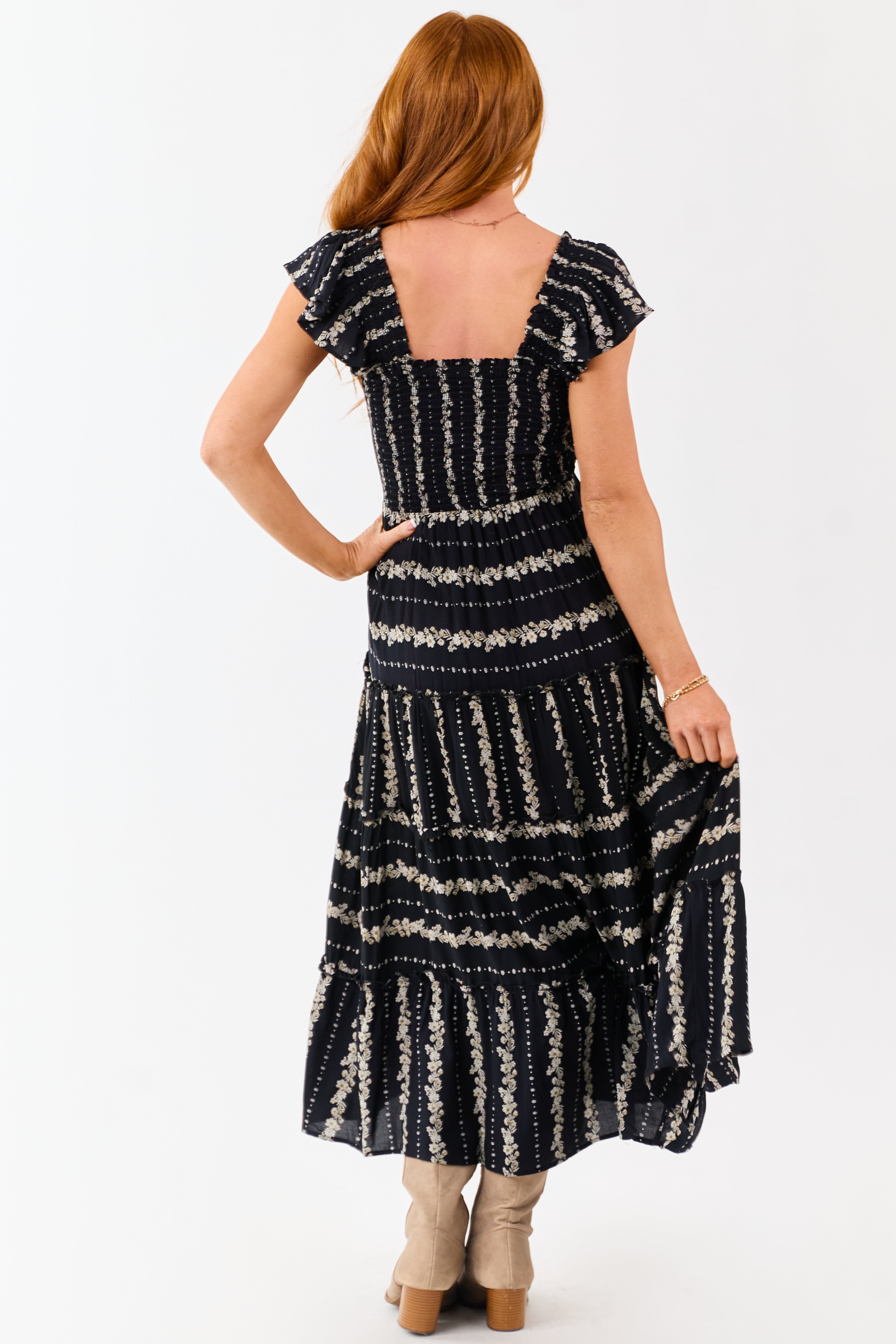 Black Floral Print Smocked Bodice Tiered Midi Dress