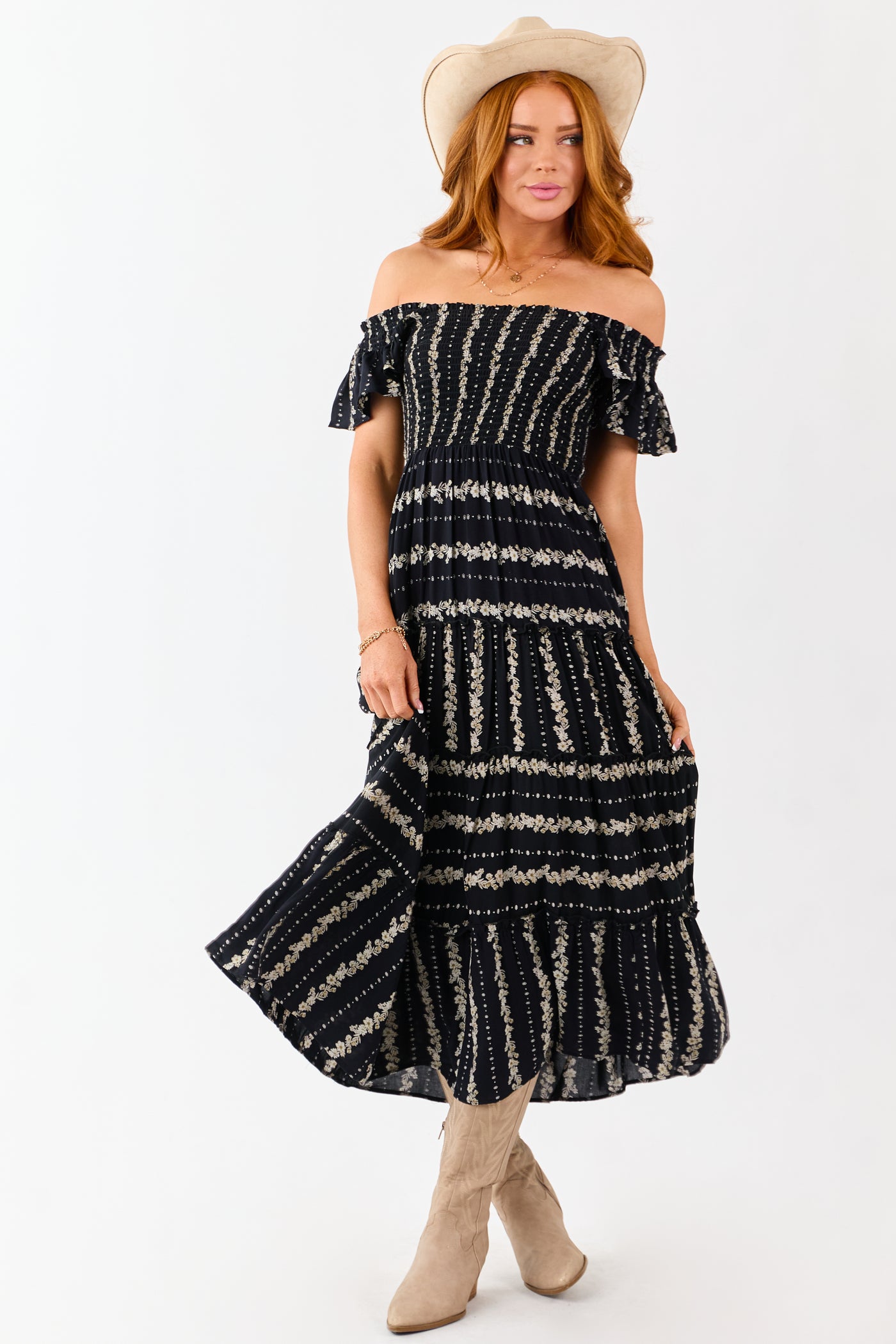 Black Floral Print Smocked Bodice Tiered Midi Dress