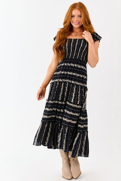 Black Floral Print Smocked Bodice Tiered Midi Dress