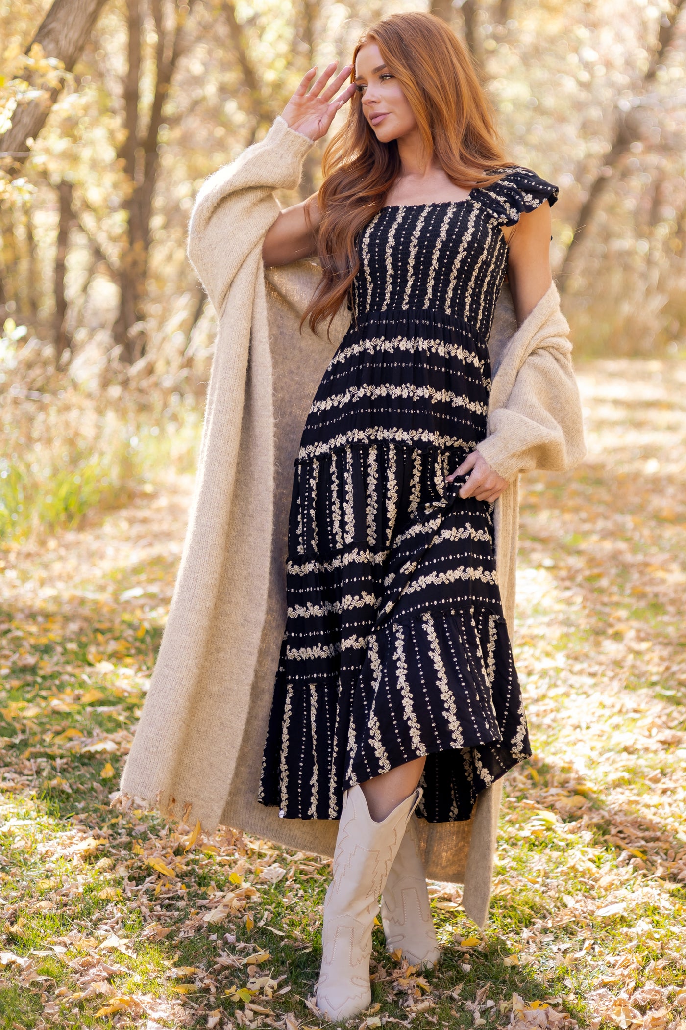 Black Floral Print Smocked Bodice Tiered Midi Dress