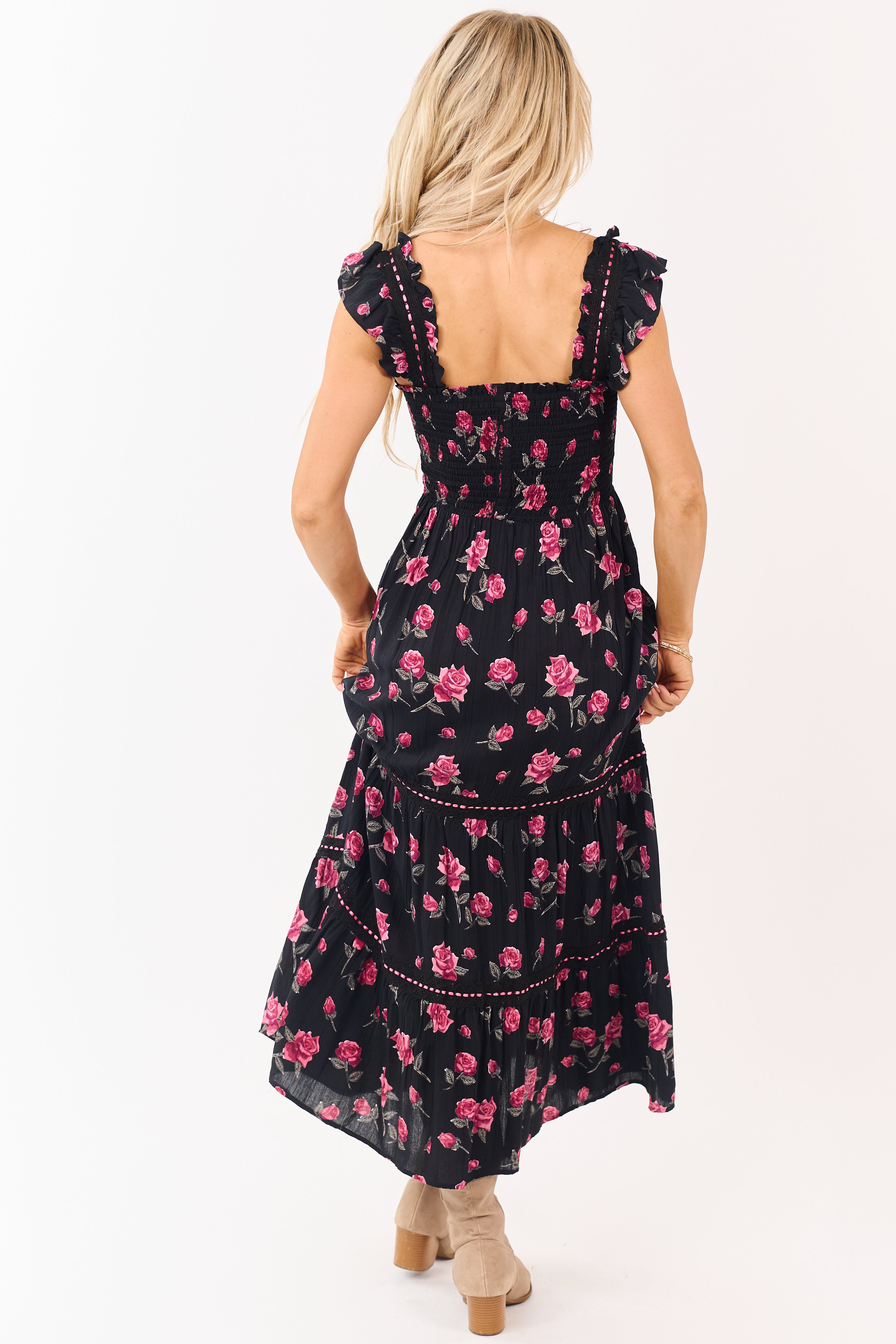 Black Floral Print Smocked Lace Detail Midi Dress