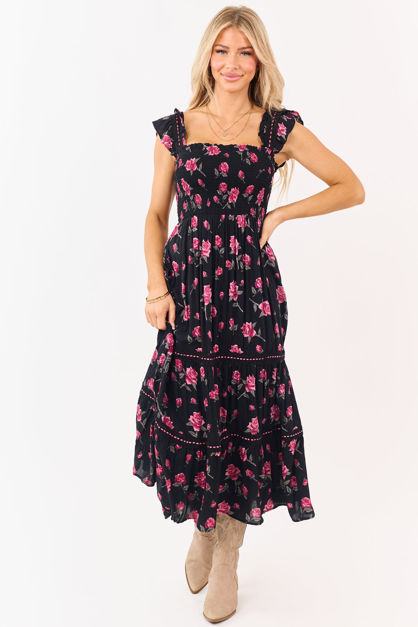 Black Floral Print Smocked Lace Detail Midi Dress