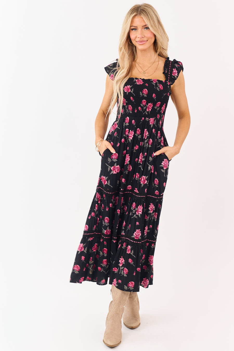 Black Floral Print Smocked Lace Detail Midi Dress