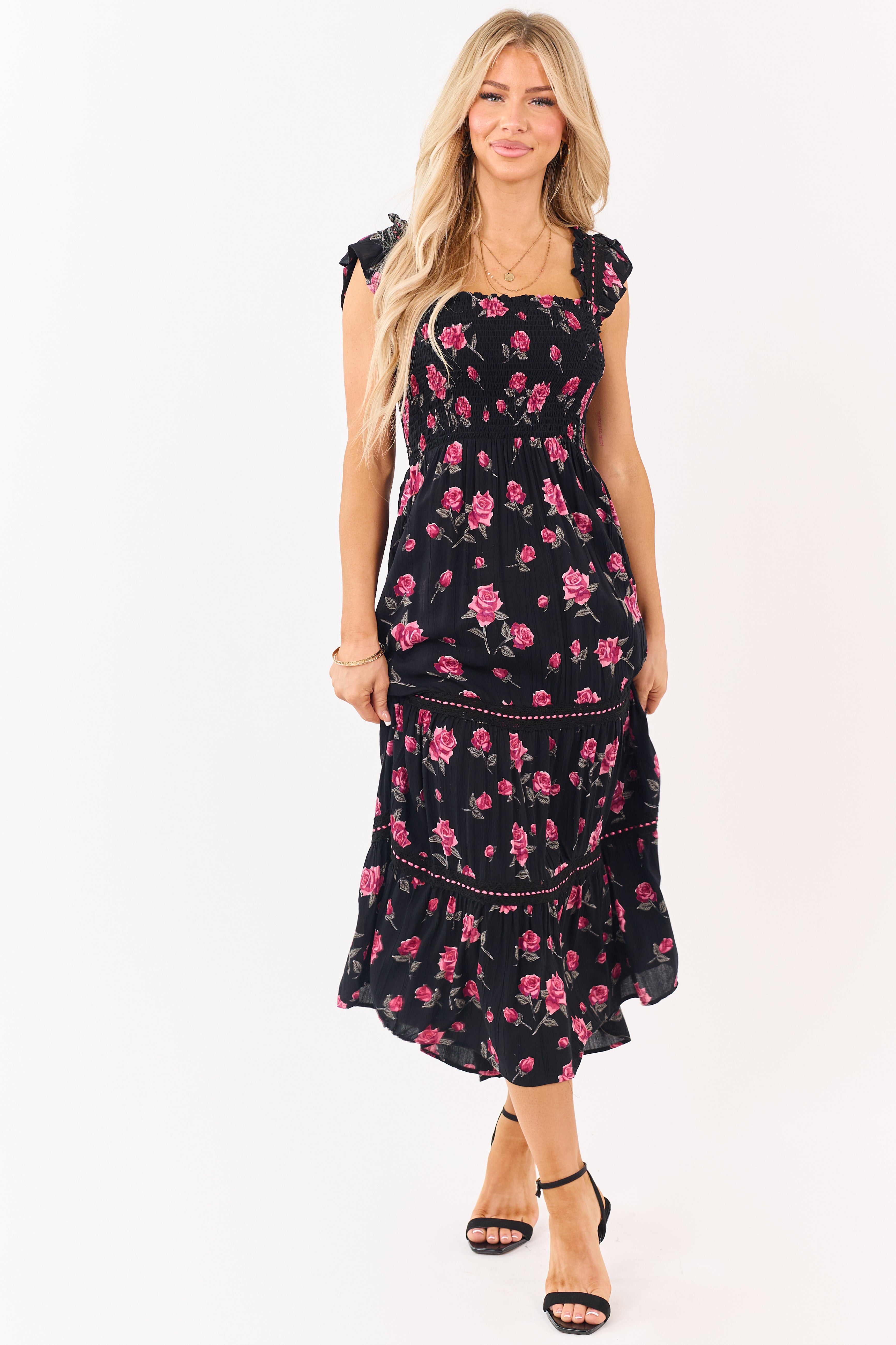 Black Floral Print Smocked Lace Detail Midi Dress