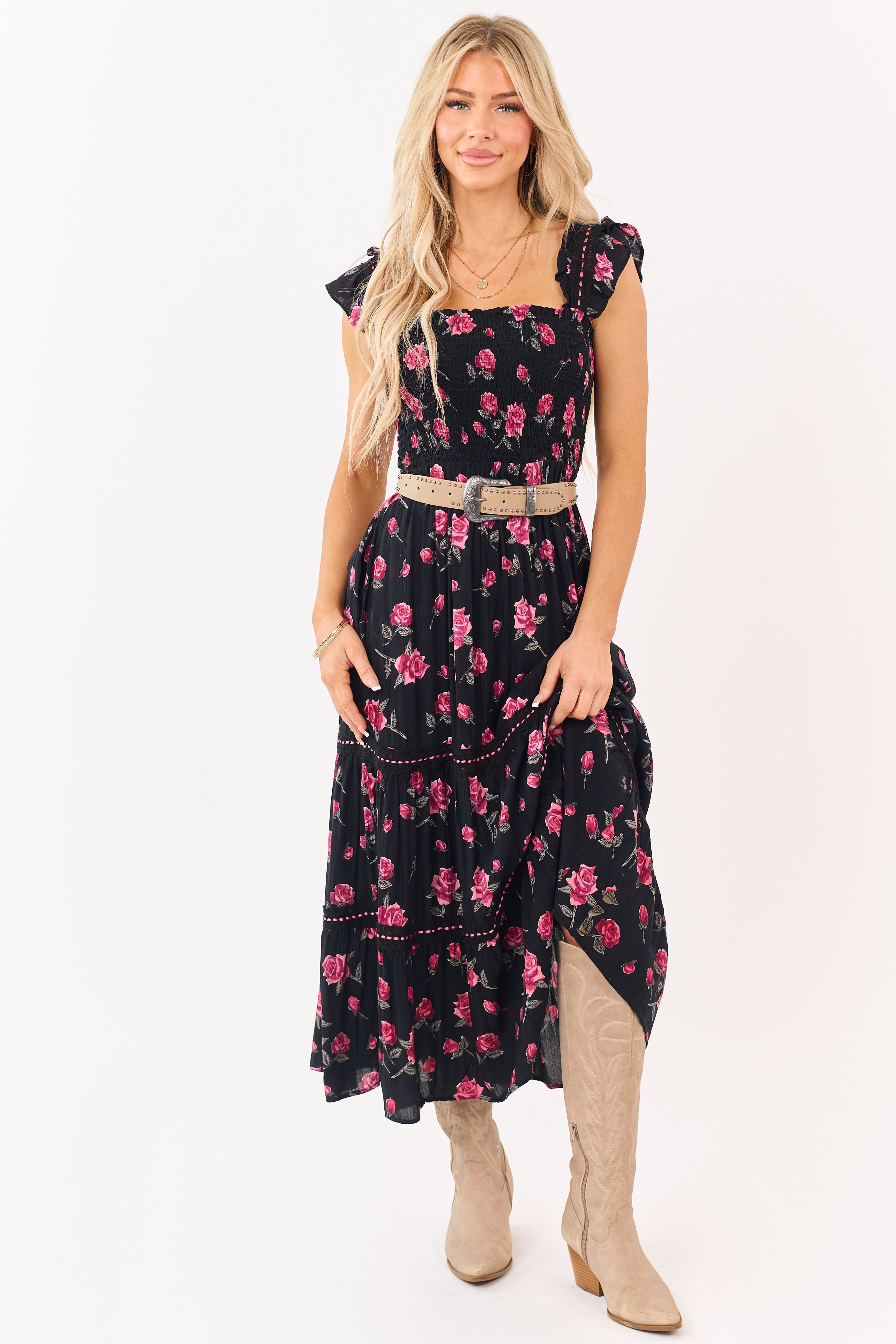 Black Floral Print Smocked Lace Detail Midi Dress