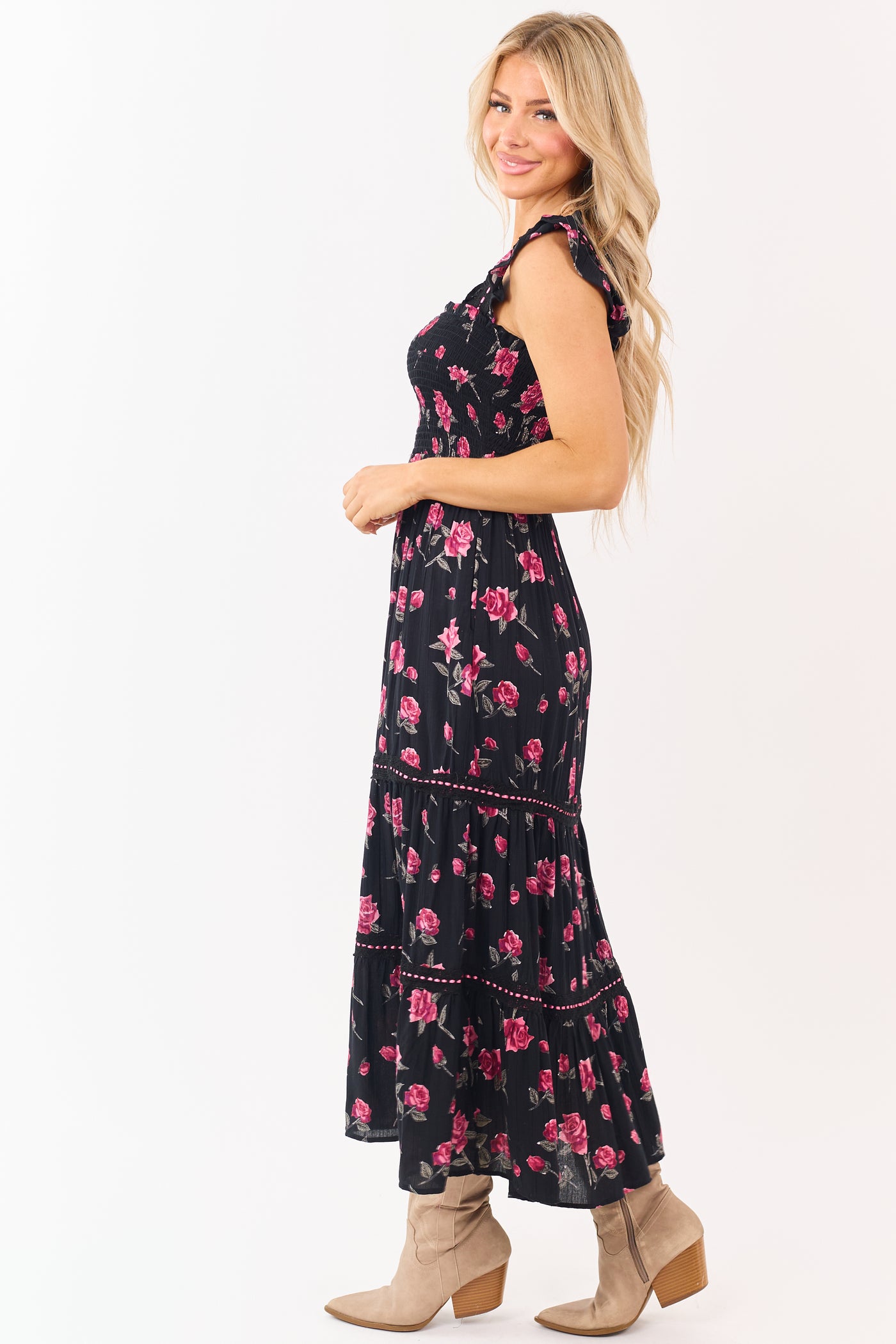 Black Floral Print Smocked Lace Detail Midi Dress