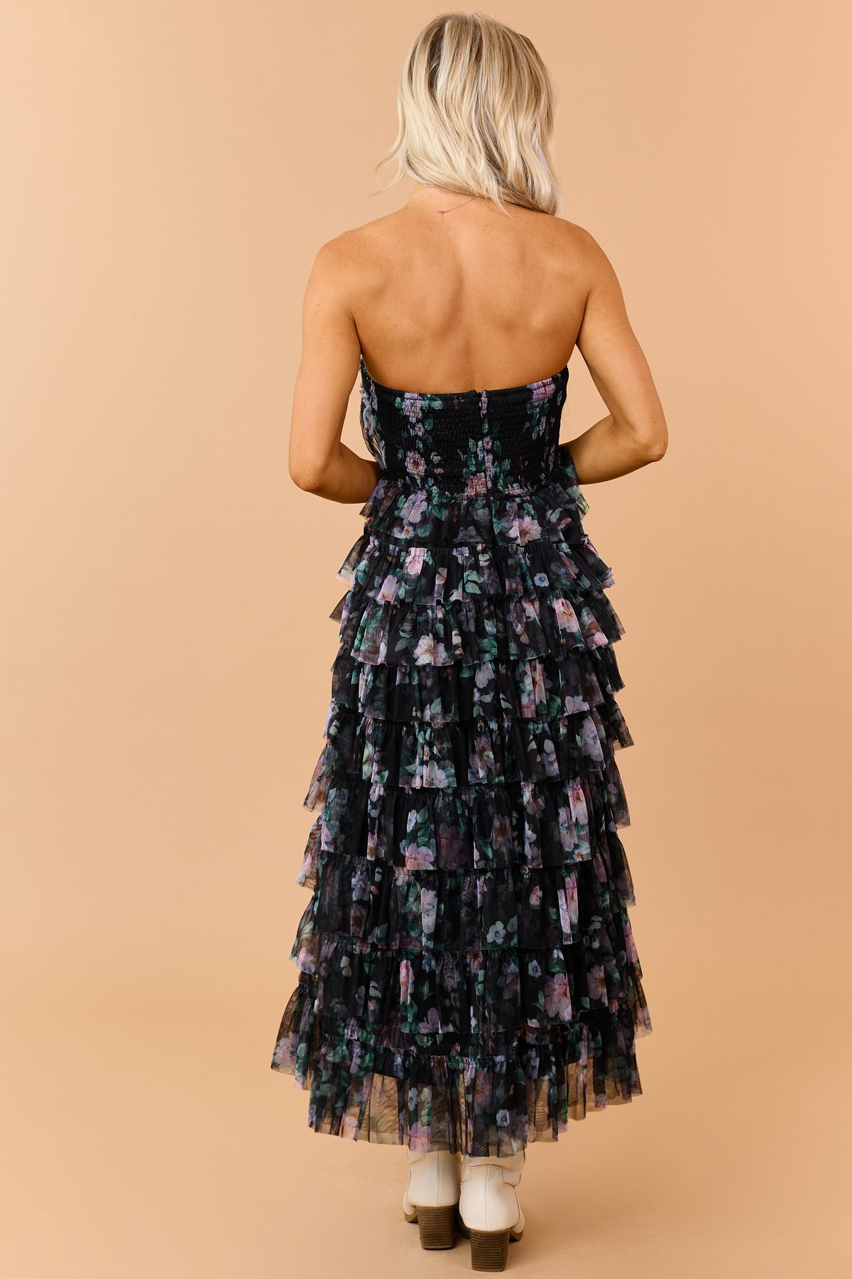 Black Floral Print Tiered Ruffle Mesh Maxi Dress