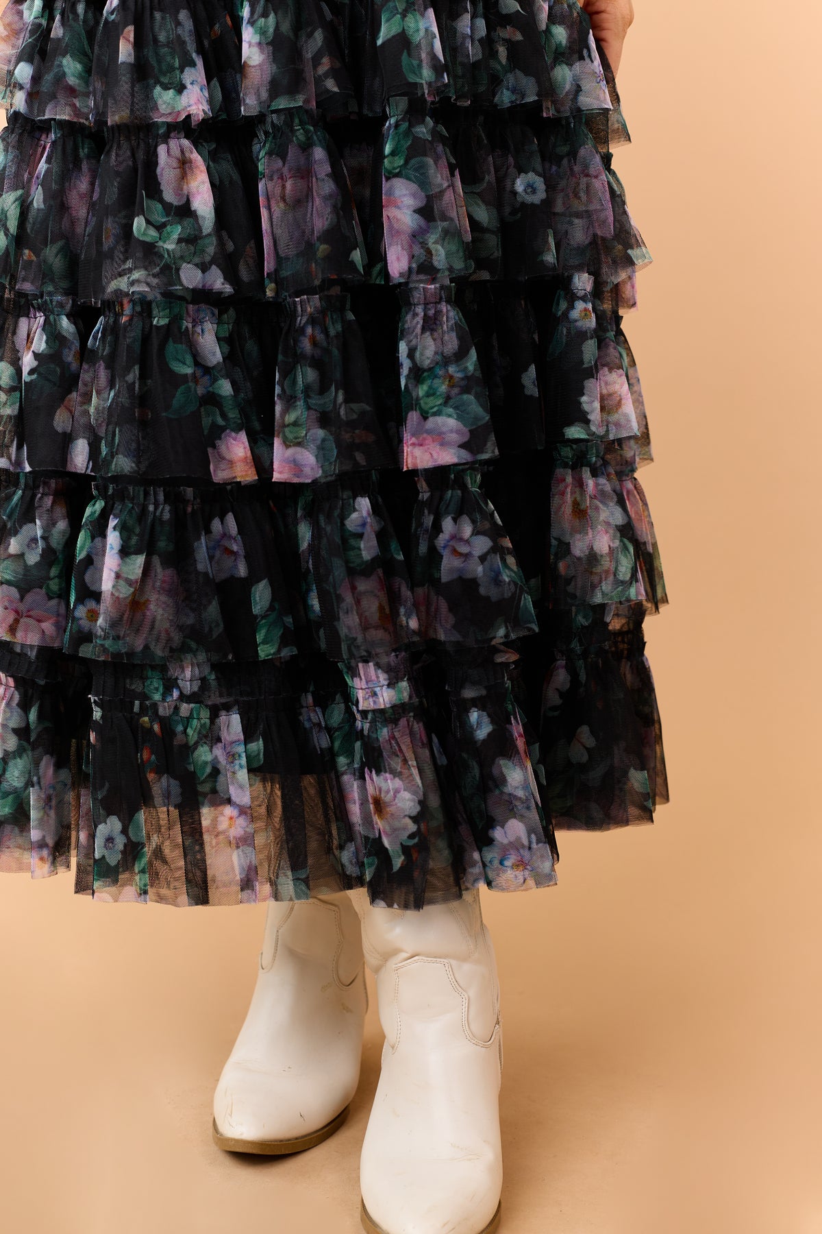 Black Floral Print Tiered Ruffle Mesh Maxi Dress