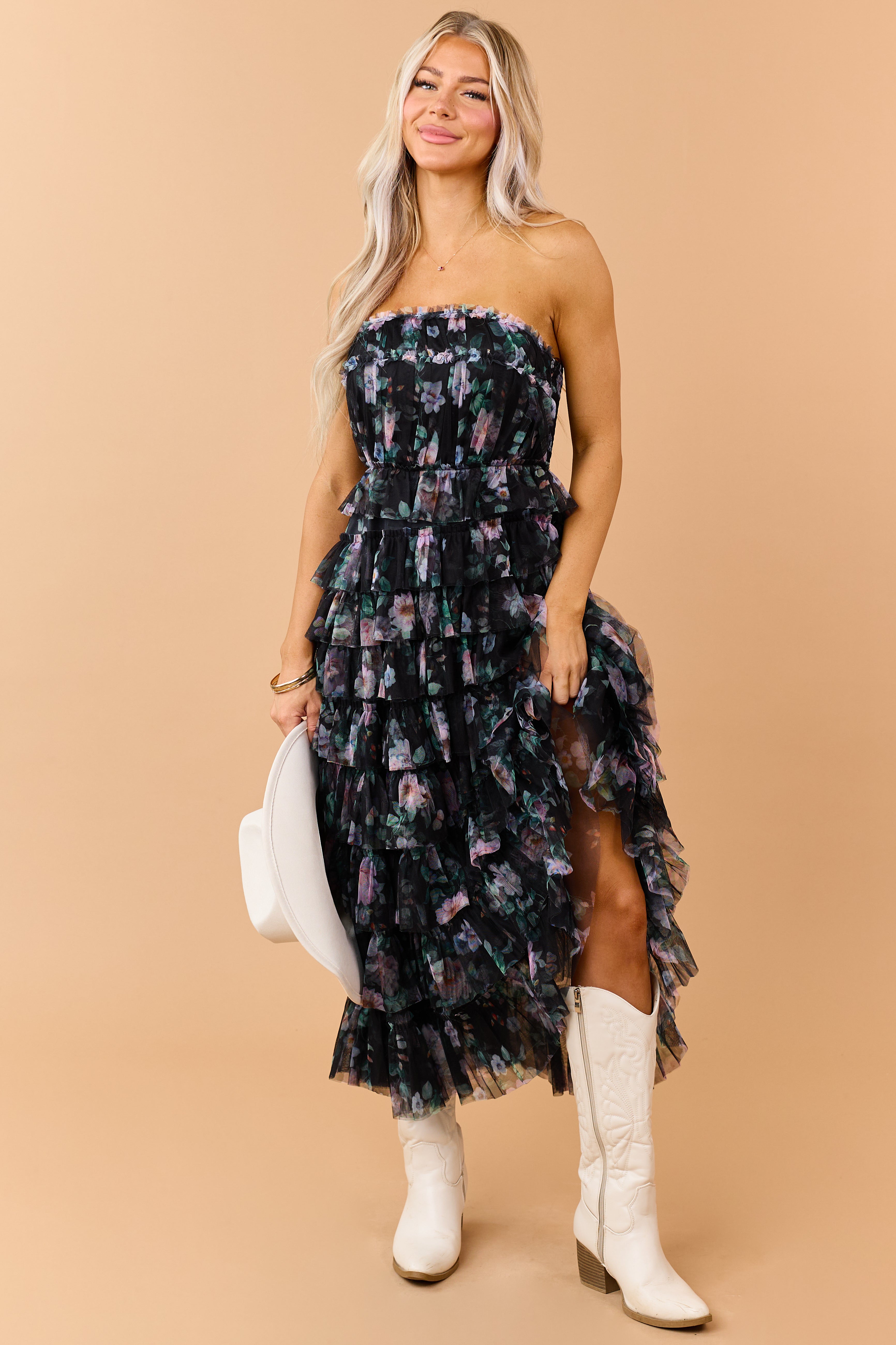 Black Floral Print Tiered Ruffle Mesh Maxi Dress