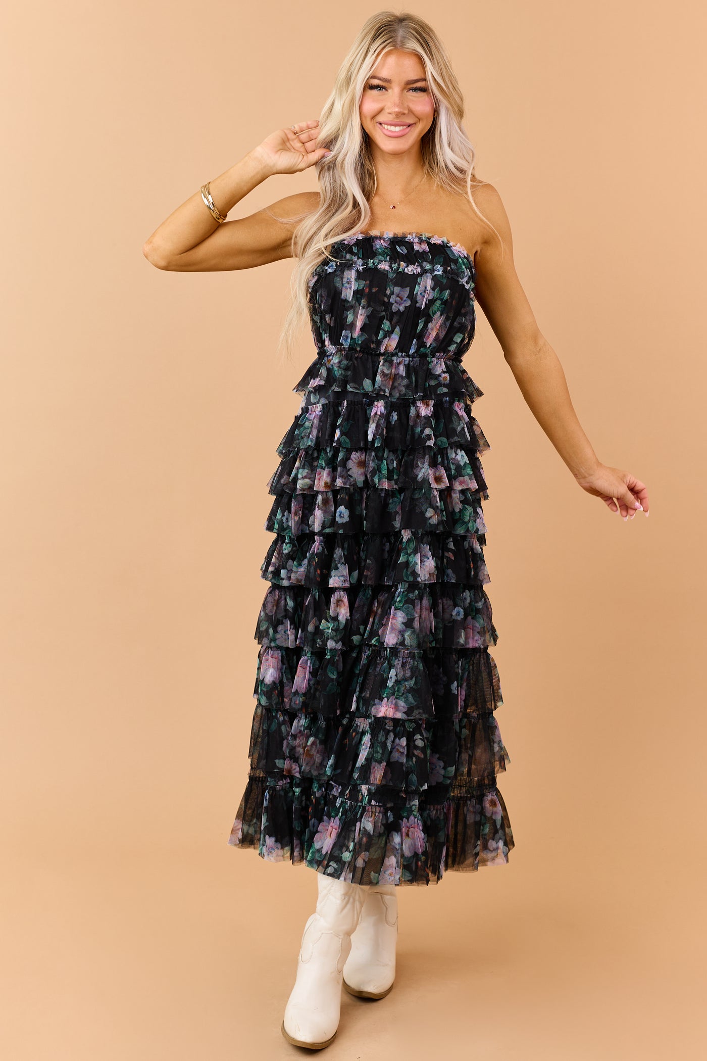 Black Floral Print Tiered Ruffle Mesh Maxi Dress