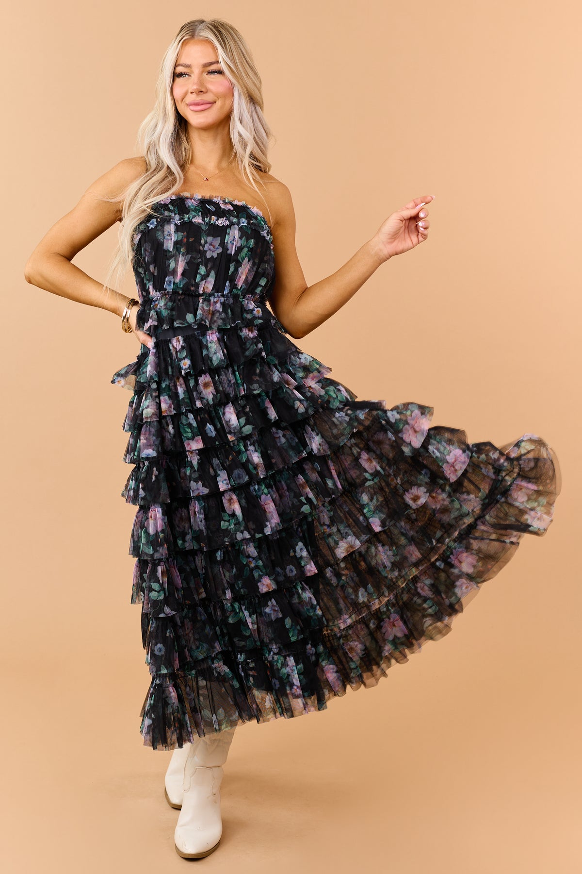 Black Floral Print Tiered Ruffle Mesh Maxi Dress