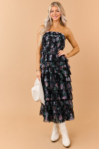 Black Floral Print Tiered Ruffle Mesh Maxi Dress