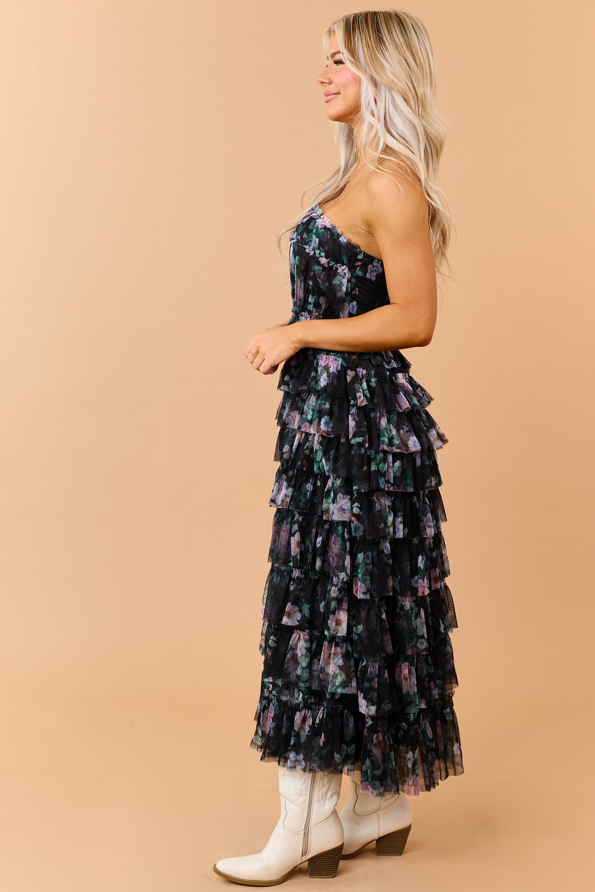 Black Floral Print Tiered Ruffle Mesh Maxi Dress
