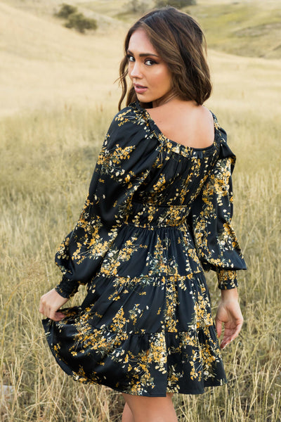 Black Floral Print Tiered Ruffled Mini Dress