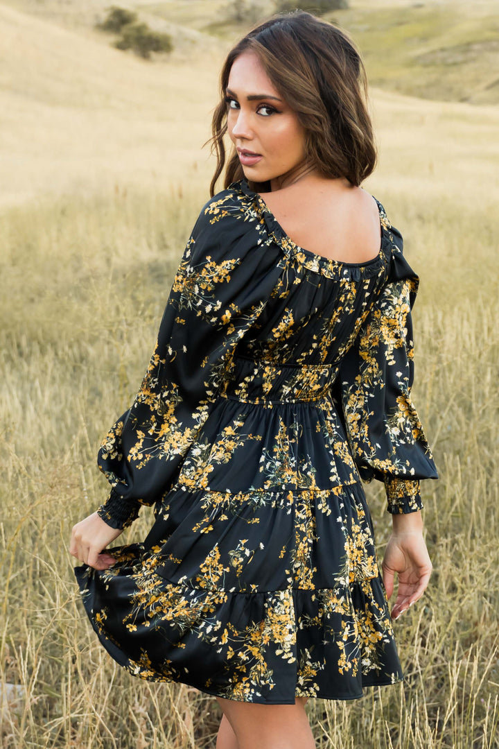 Black Floral Print Tiered Ruffled Mini Dress