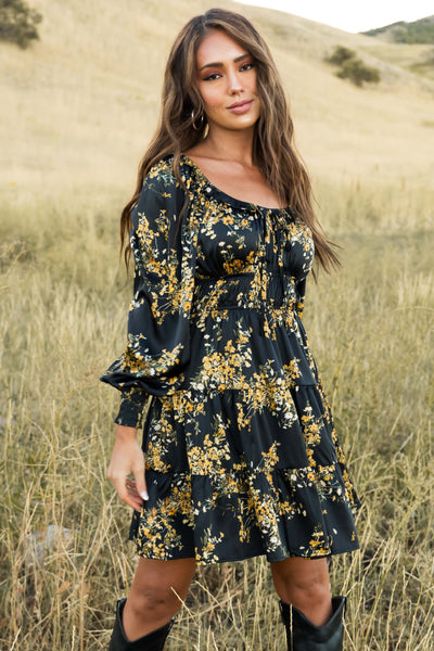 Black Floral Print Tiered Ruffled Mini Dress