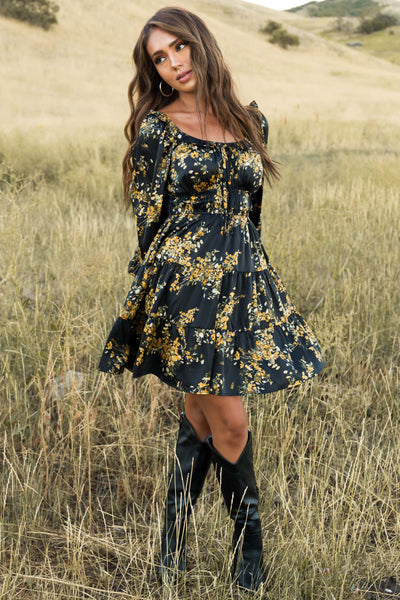 Black Floral Print Tiered Ruffled Mini Dress