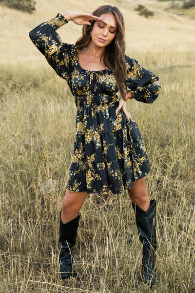 Black Floral Print Tiered Ruffled Mini Dress