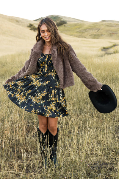 Black Floral Print Tiered Ruffled Mini Dress