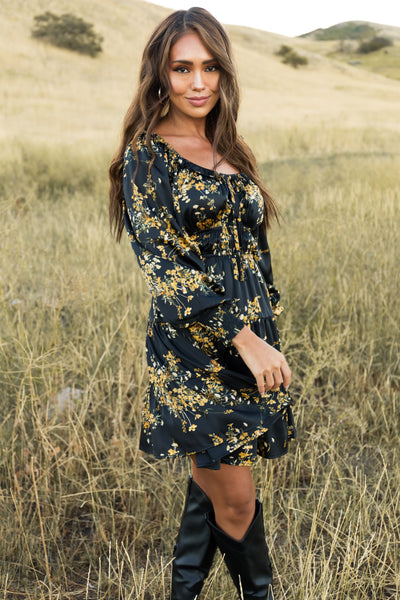 Black Floral Print Tiered Ruffled Mini Dress