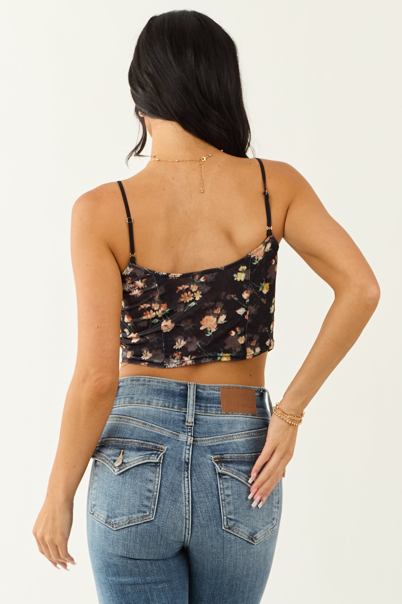 Black Floral Print Velvet Cropped Tank Top