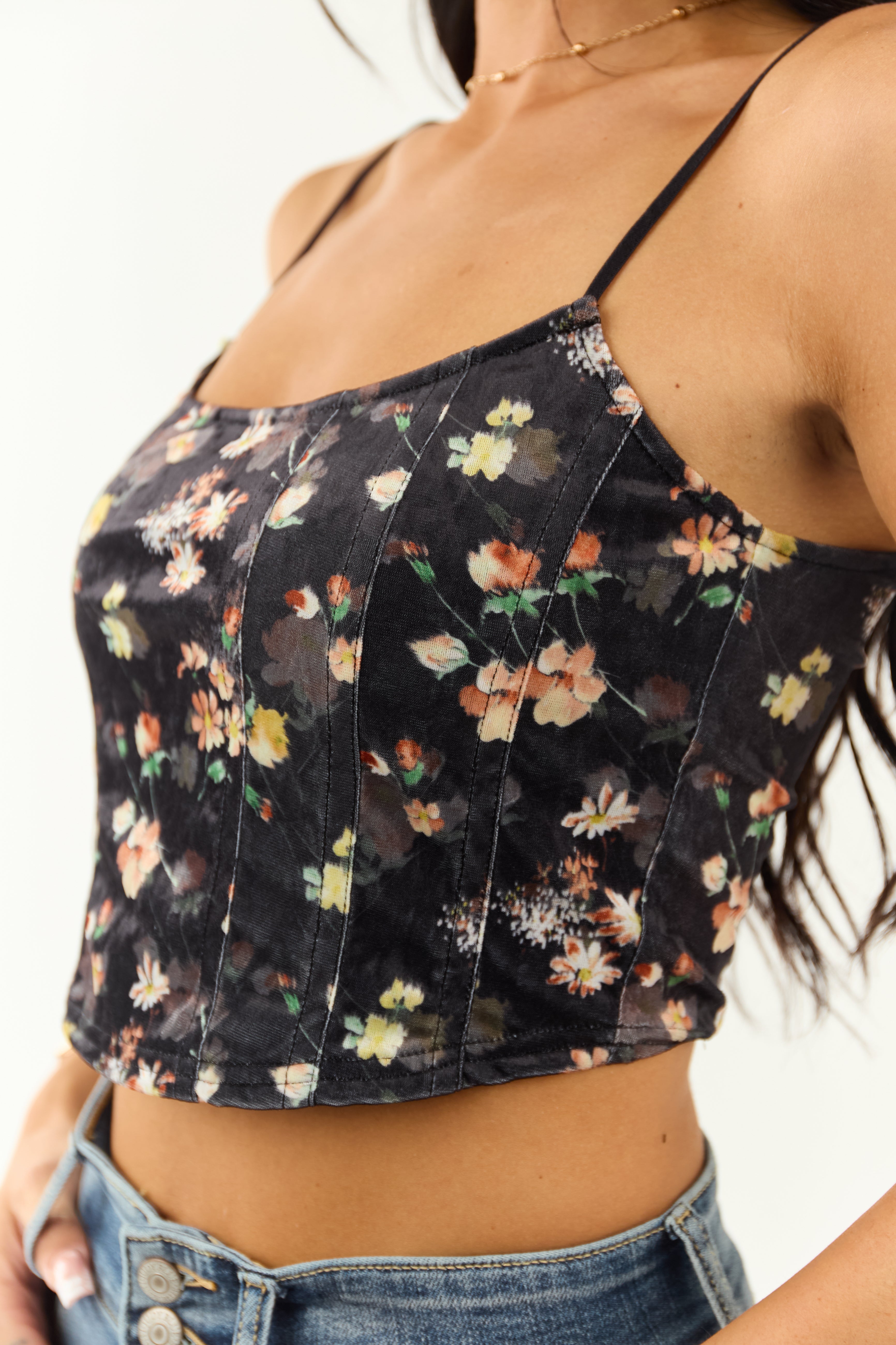 Black Floral Print Velvet Cropped Tank Top | Lime Lush Boutique