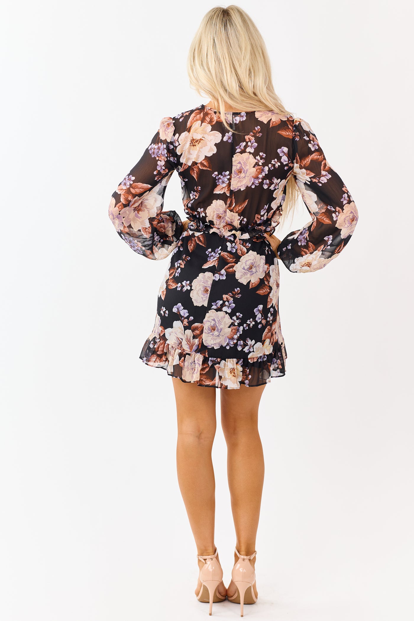 Black Floral Side Cut Out Long Sleeve Mini Dress Black Floral Side Cut Out Long Sleeve Mini Dress