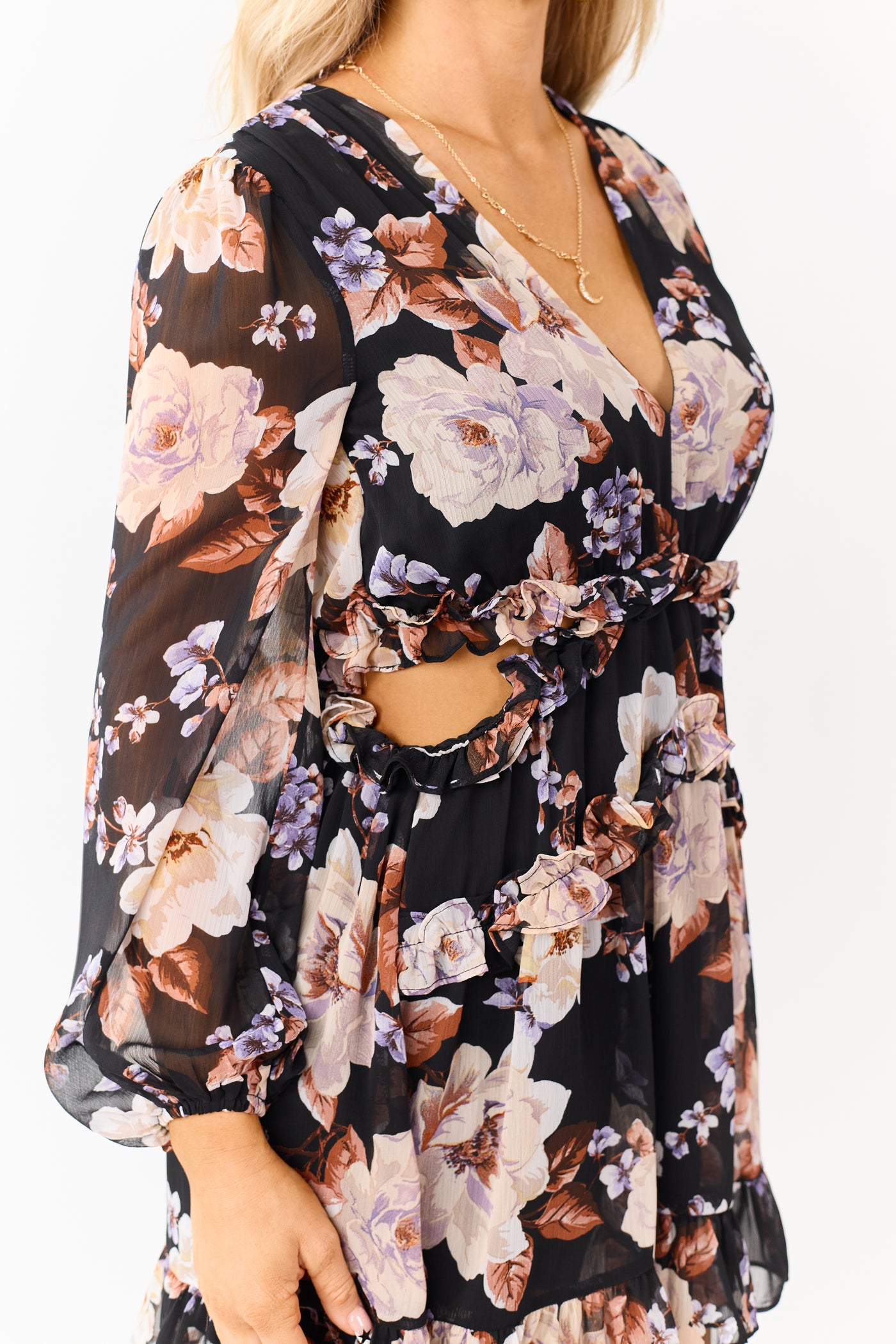 Black Floral Side Cut Out Long Sleeve Mini Dress