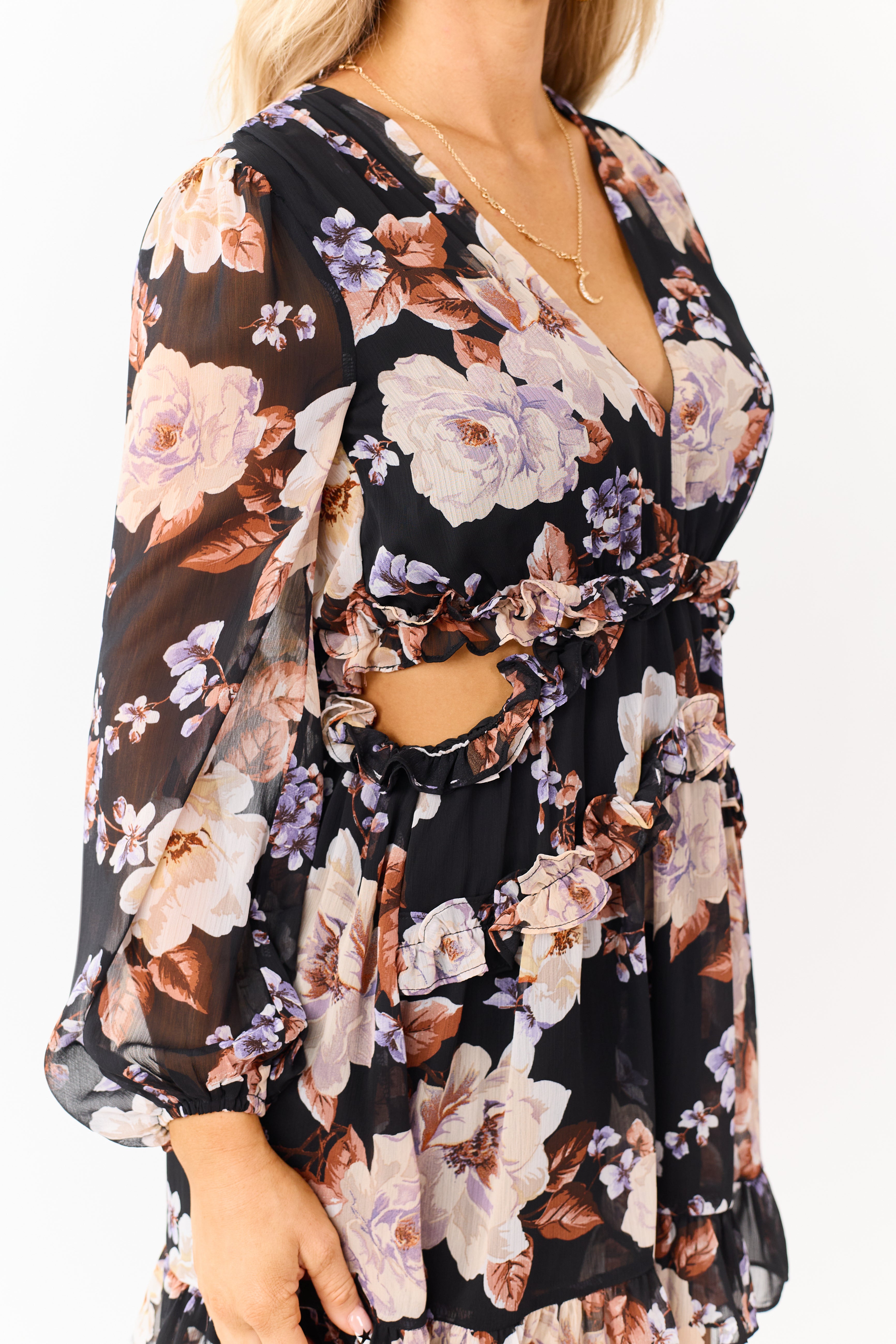 Black Floral Side Cut Out Long Sleeve Mini Dress