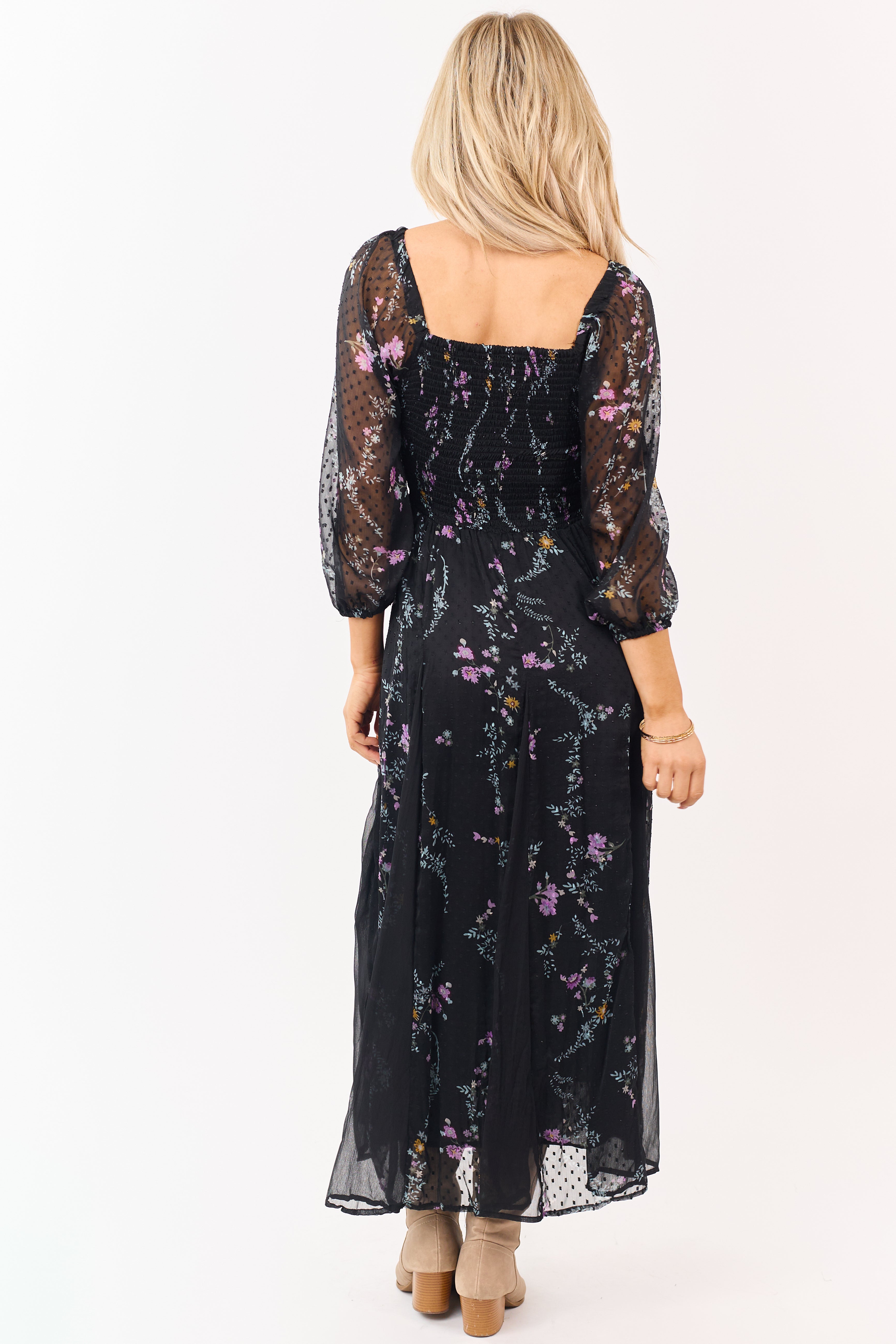 Black Floral Swiss Dot Twist Front Maxi Dress