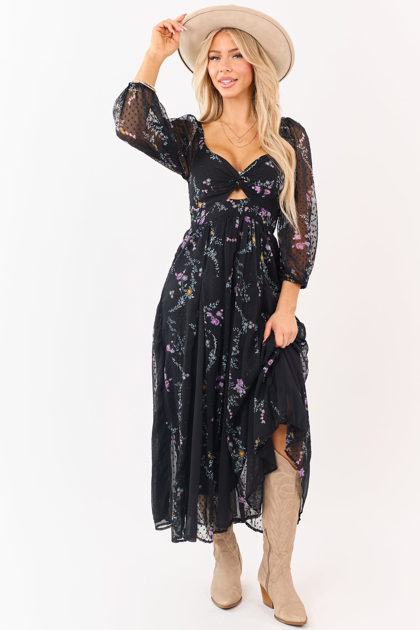 Black Floral Swiss Dot Twist Front Maxi Dress