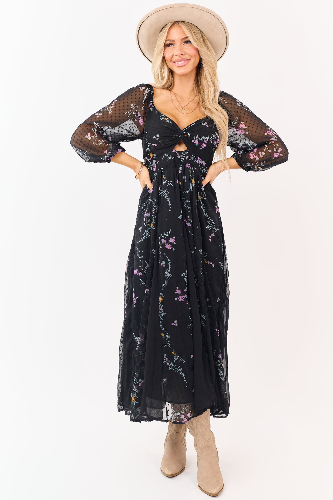 Black Floral Swiss Dot Twist Front Maxi Dress