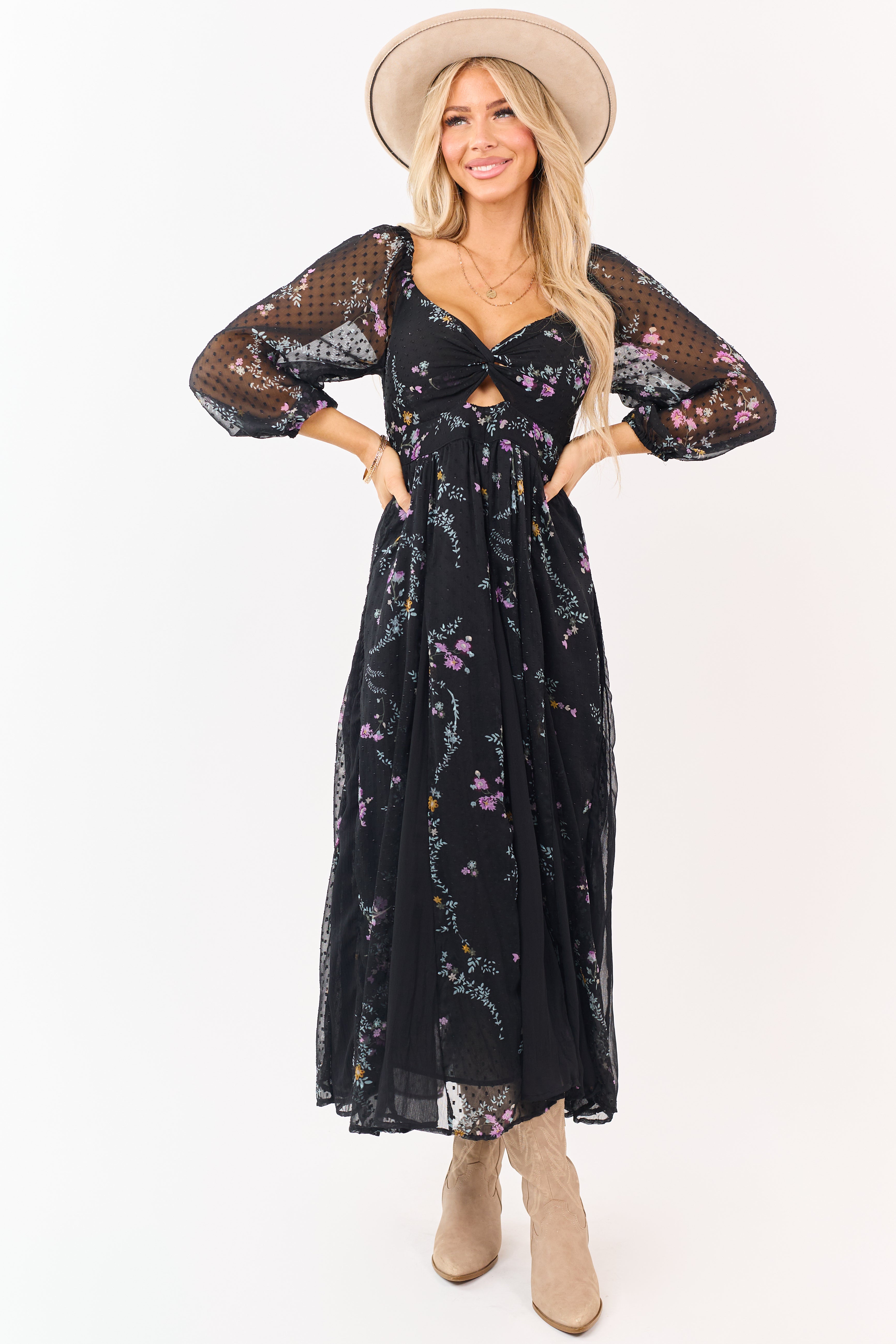 Black Floral Swiss Dot Twist Front Maxi Dress