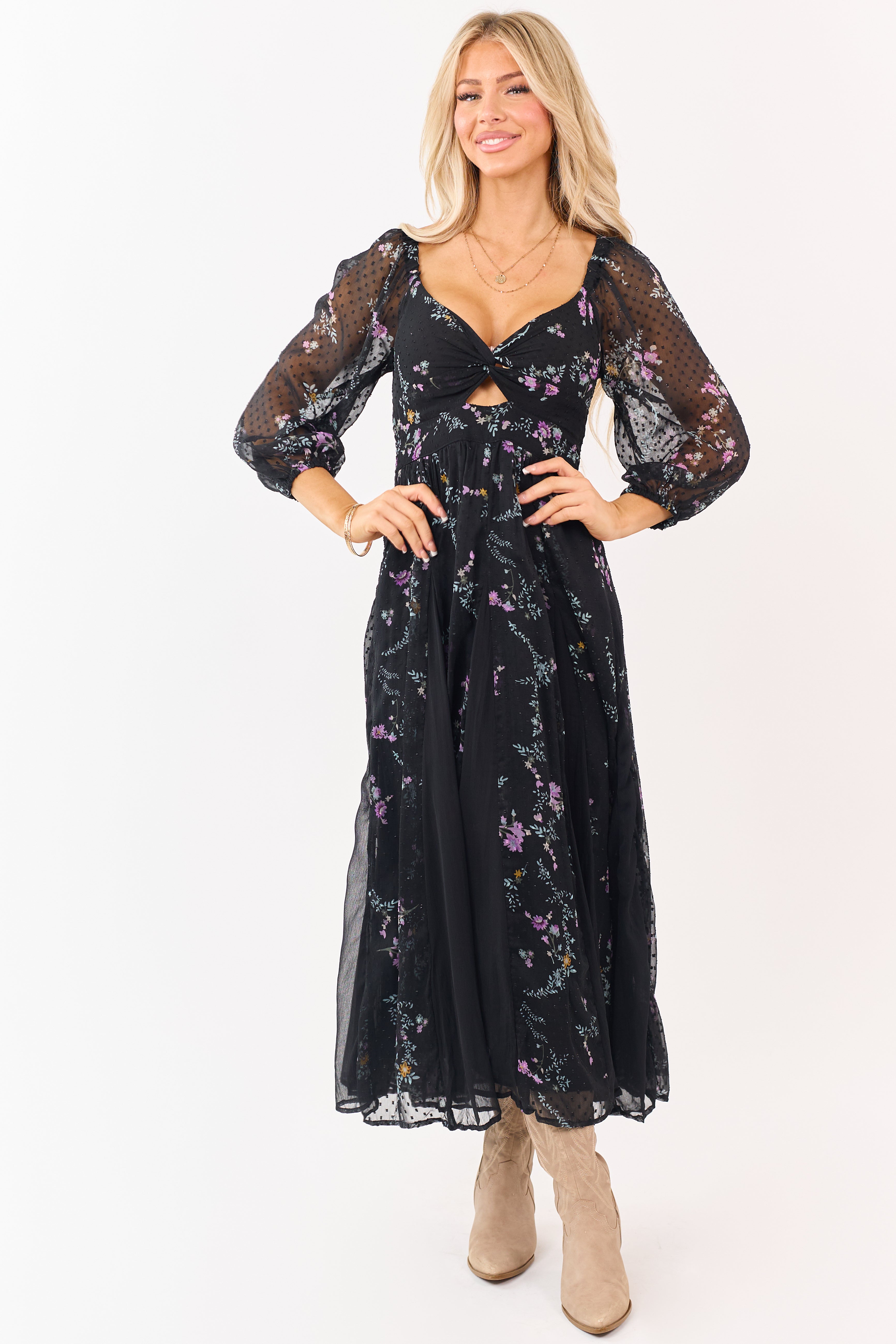 Black Floral Swiss Dot Twist Front Maxi Dress | Lime Lush Boutique