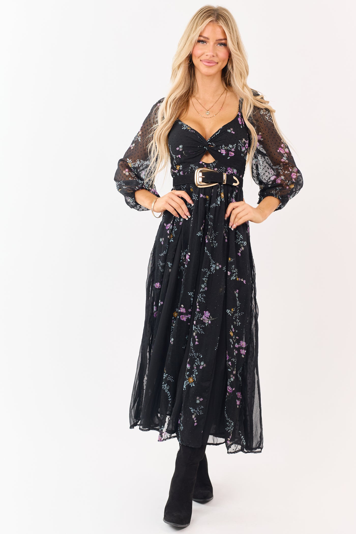 Black Floral Swiss Dot Twist Front Maxi Dress