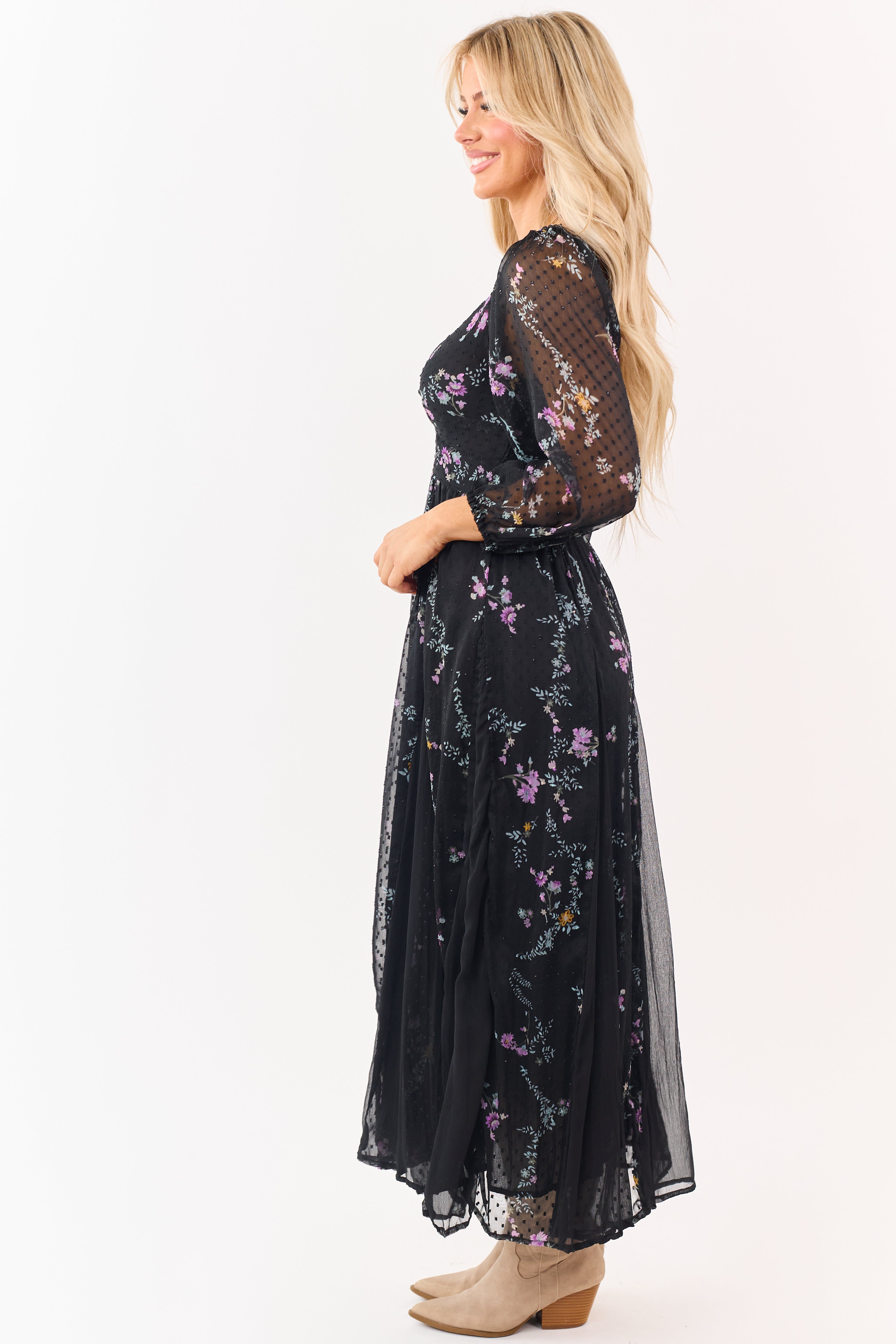 Black Floral Swiss Dot Twist Front Maxi Dress