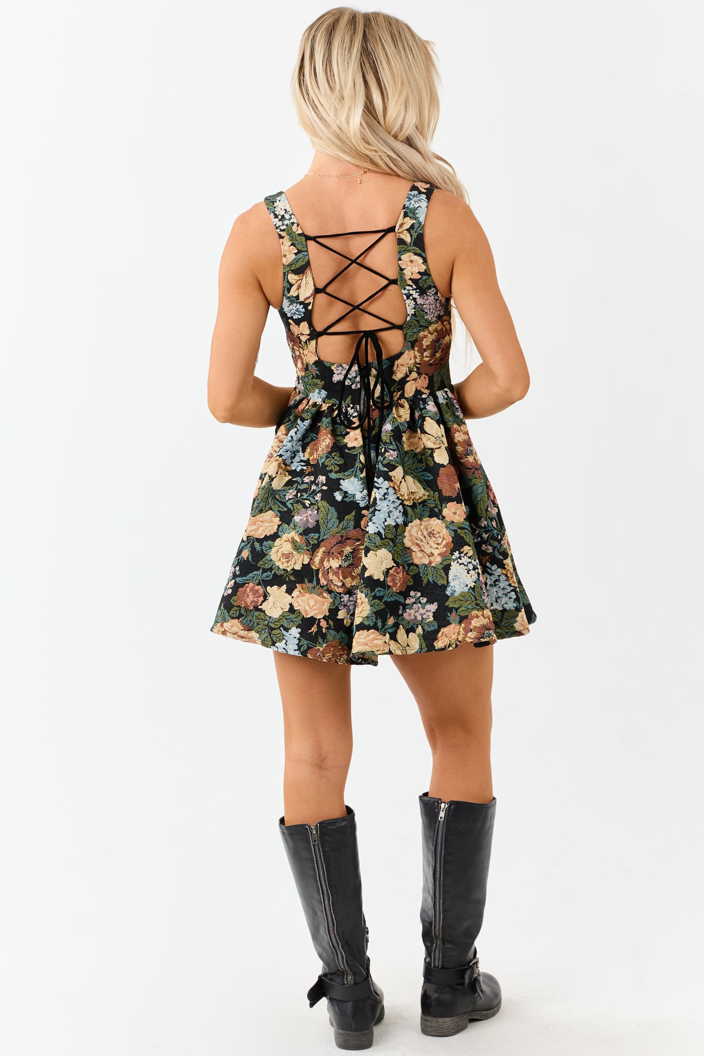 Black Floral Tapestry Jacquard Flared Leg Romper