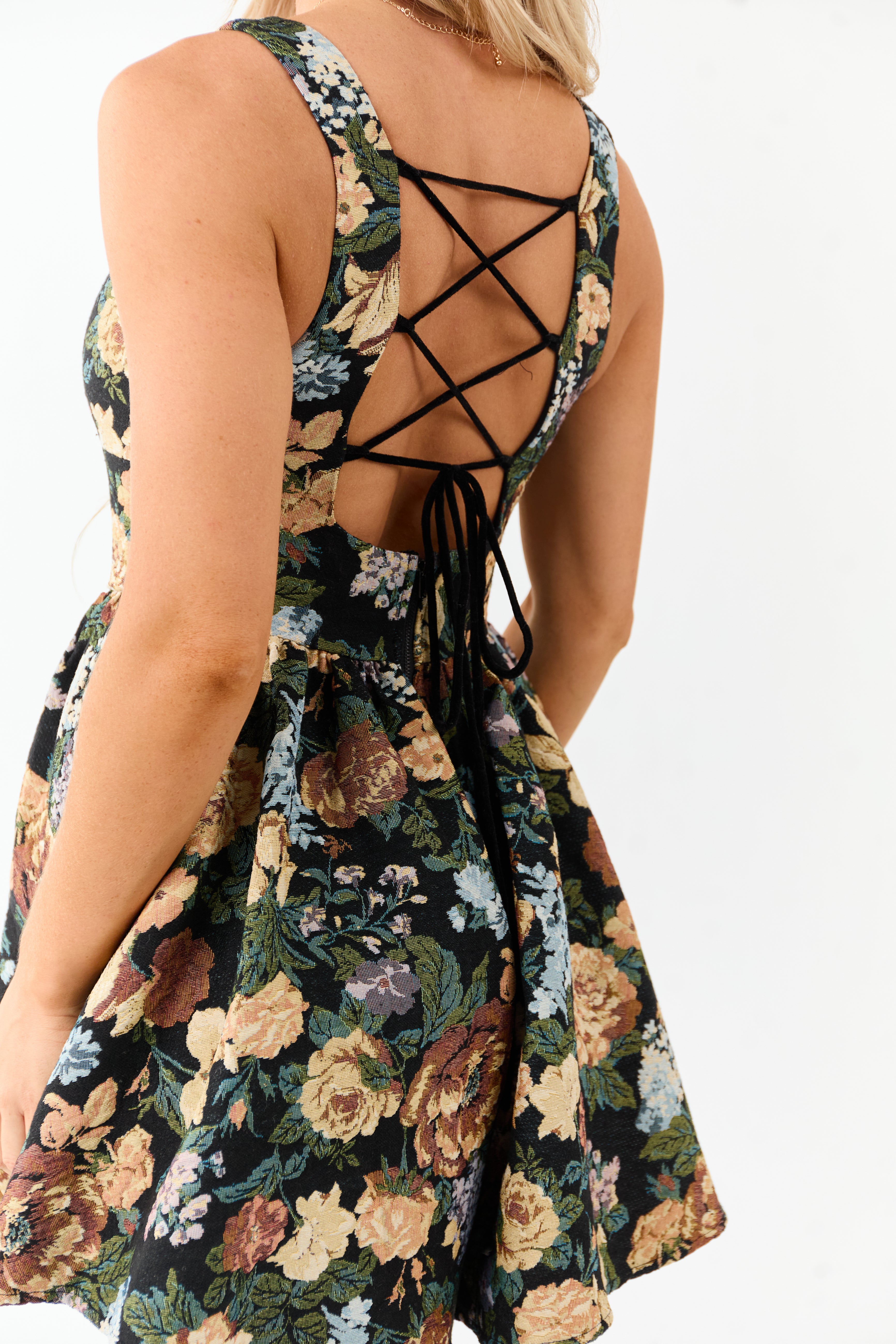 Black Floral Tapestry Jacquard Flared Leg Romper
