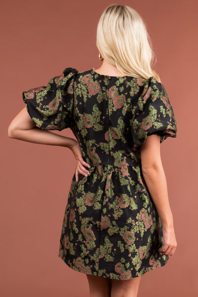 Black Floral Texture Puff Sleeve Short Dress