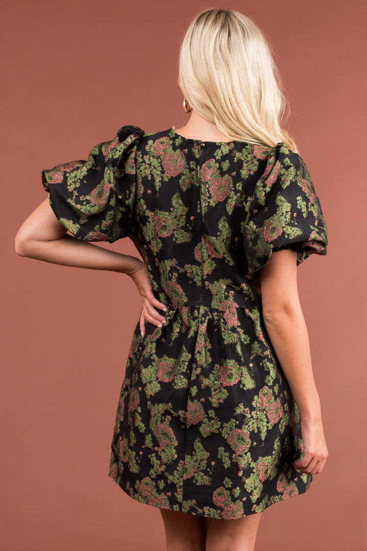 Black Floral Texture Puff Sleeve Short Dress