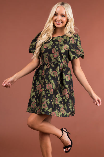 Black Floral Texture Puff Sleeve Short Dress
