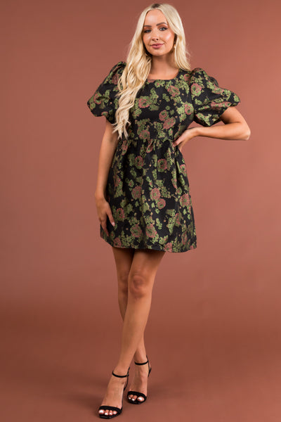 Black Floral Texture Puff Sleeve Short Dress