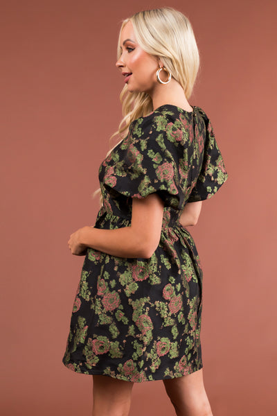 Black Floral Texture Puff Sleeve Short Dress