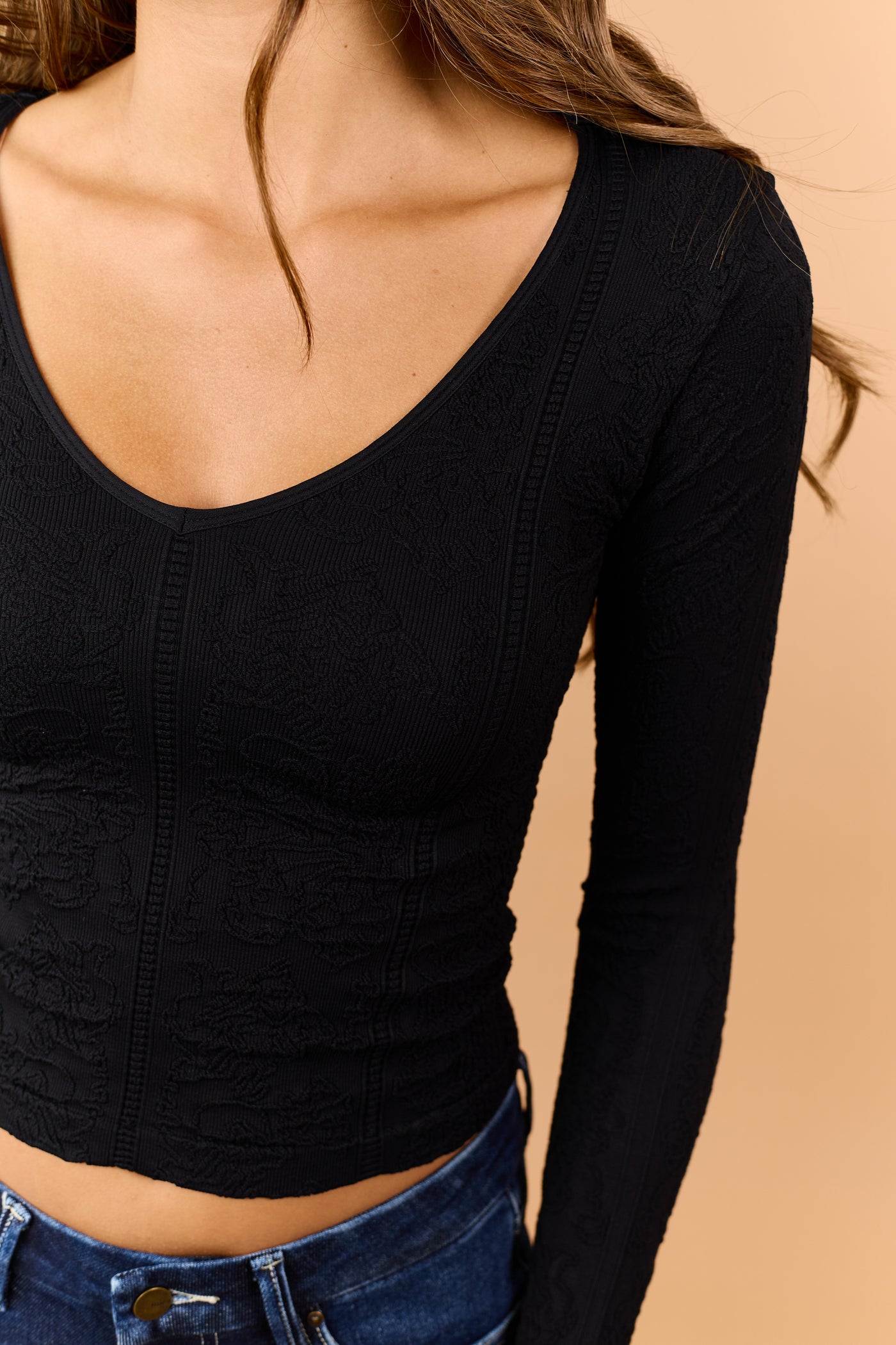 Black Floral Textured V-Neck Long Sleeve Top