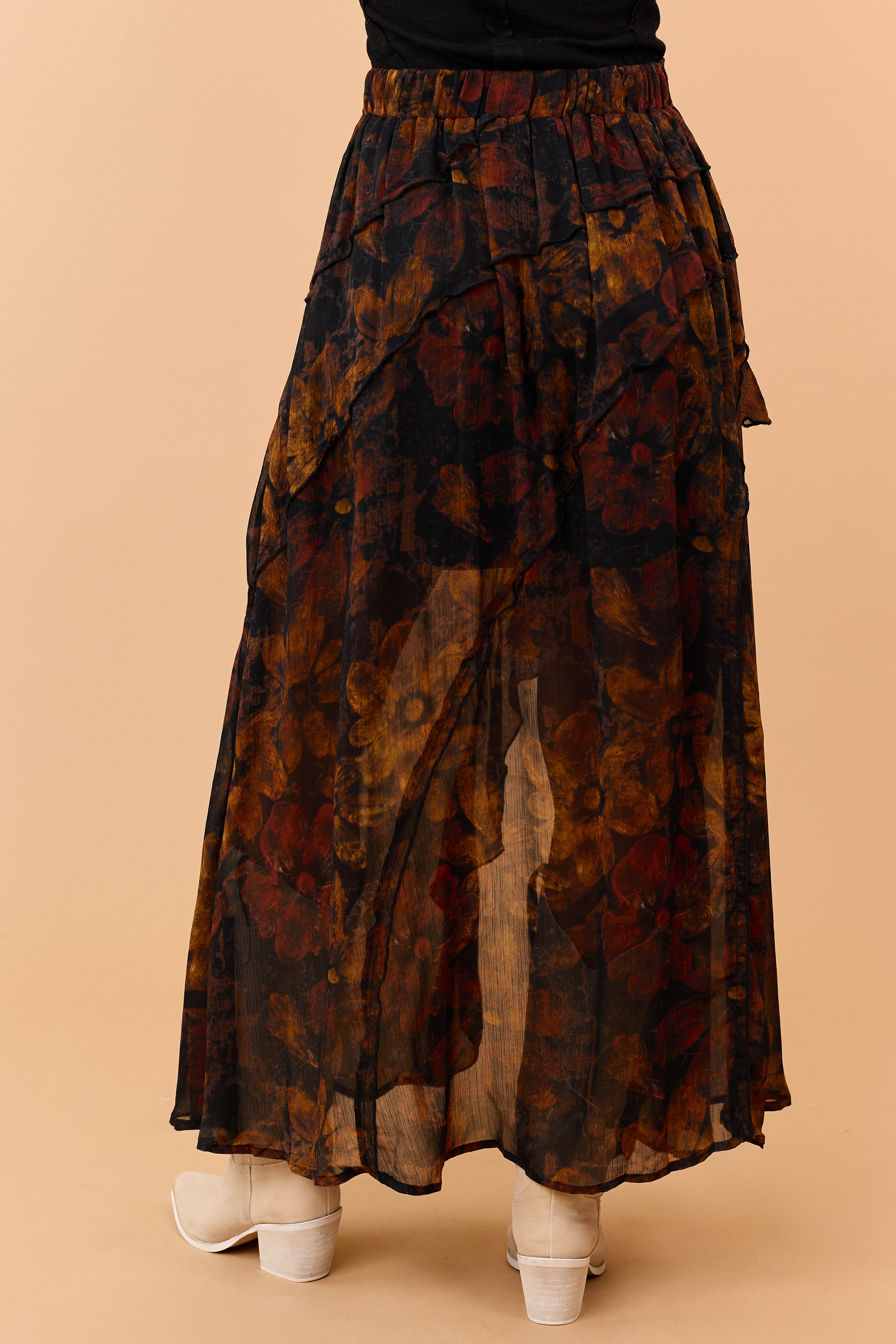 Black Floral Tiered Ruffle Front Slit Maxi Skirt