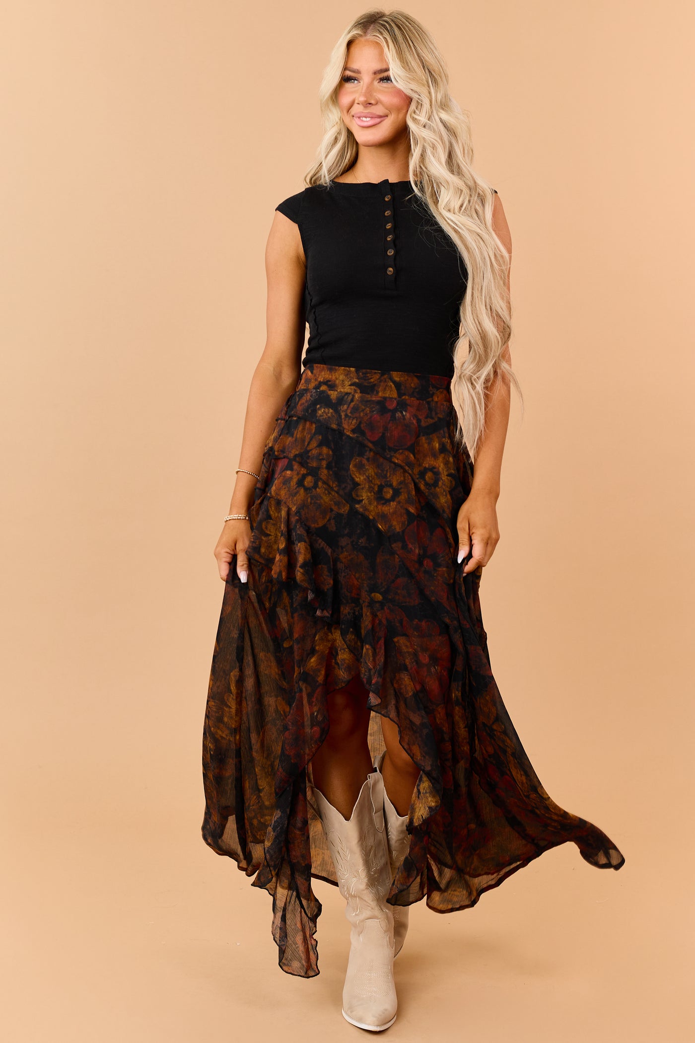 Black Floral Tiered Ruffle Front Slit Maxi Skirt