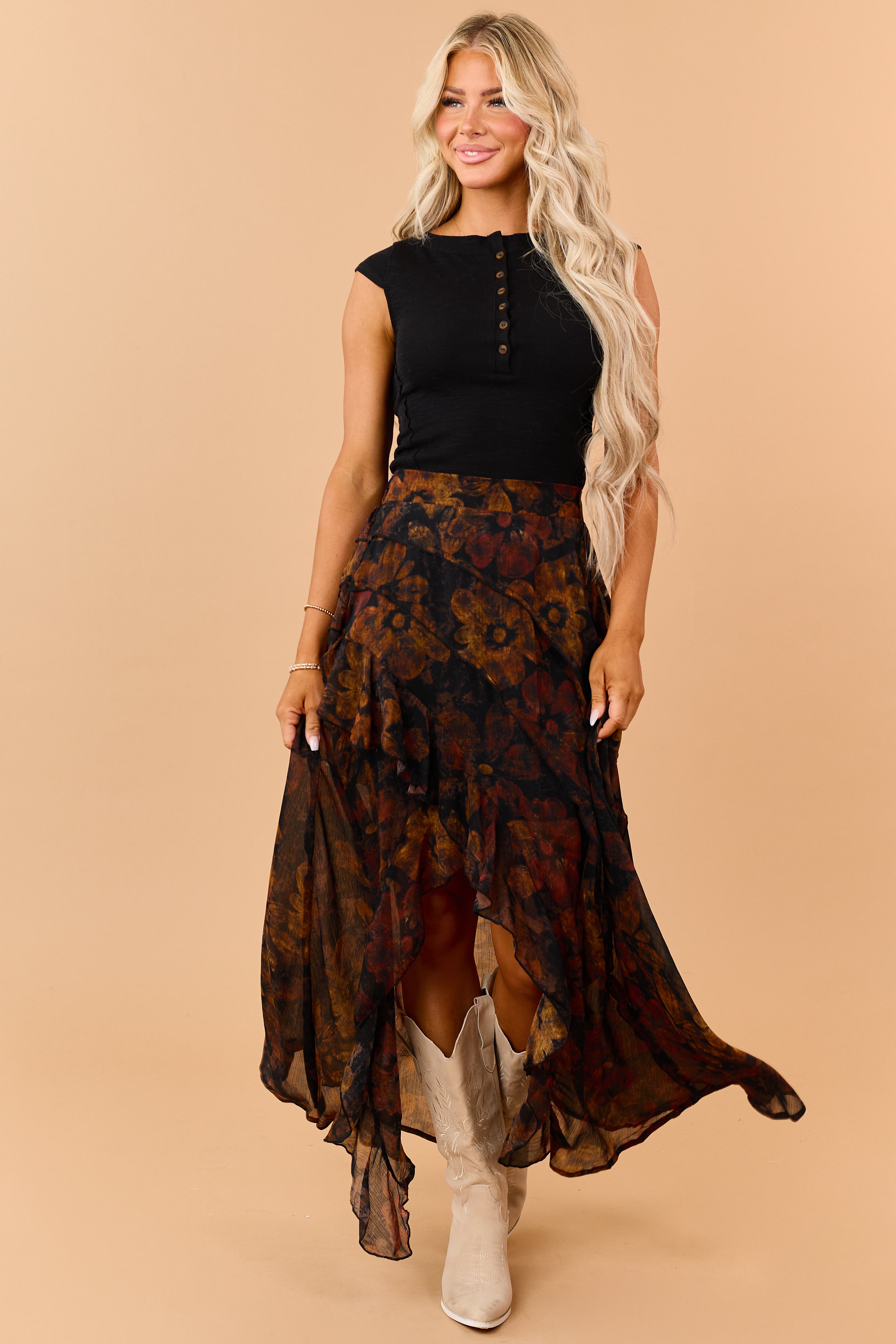 Black Floral Tiered Ruffle Front Slit Maxi Skirt